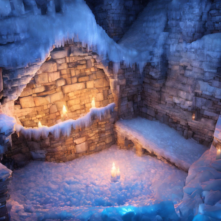 Glowing fires illuminate icy cavern with blue-tinted snow