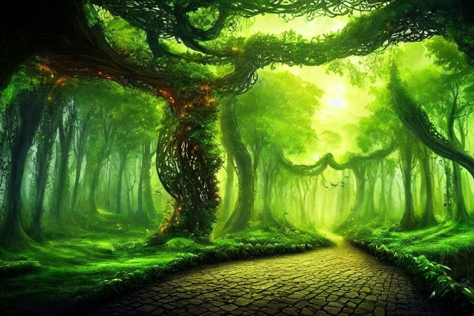Mystical forest path with vibrant green foliage and twisted trees