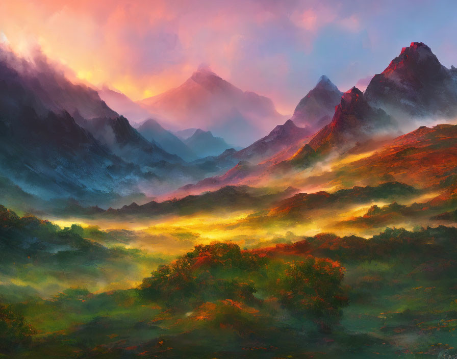 Misty mountain sunrise with illuminated peaks and warm valley.