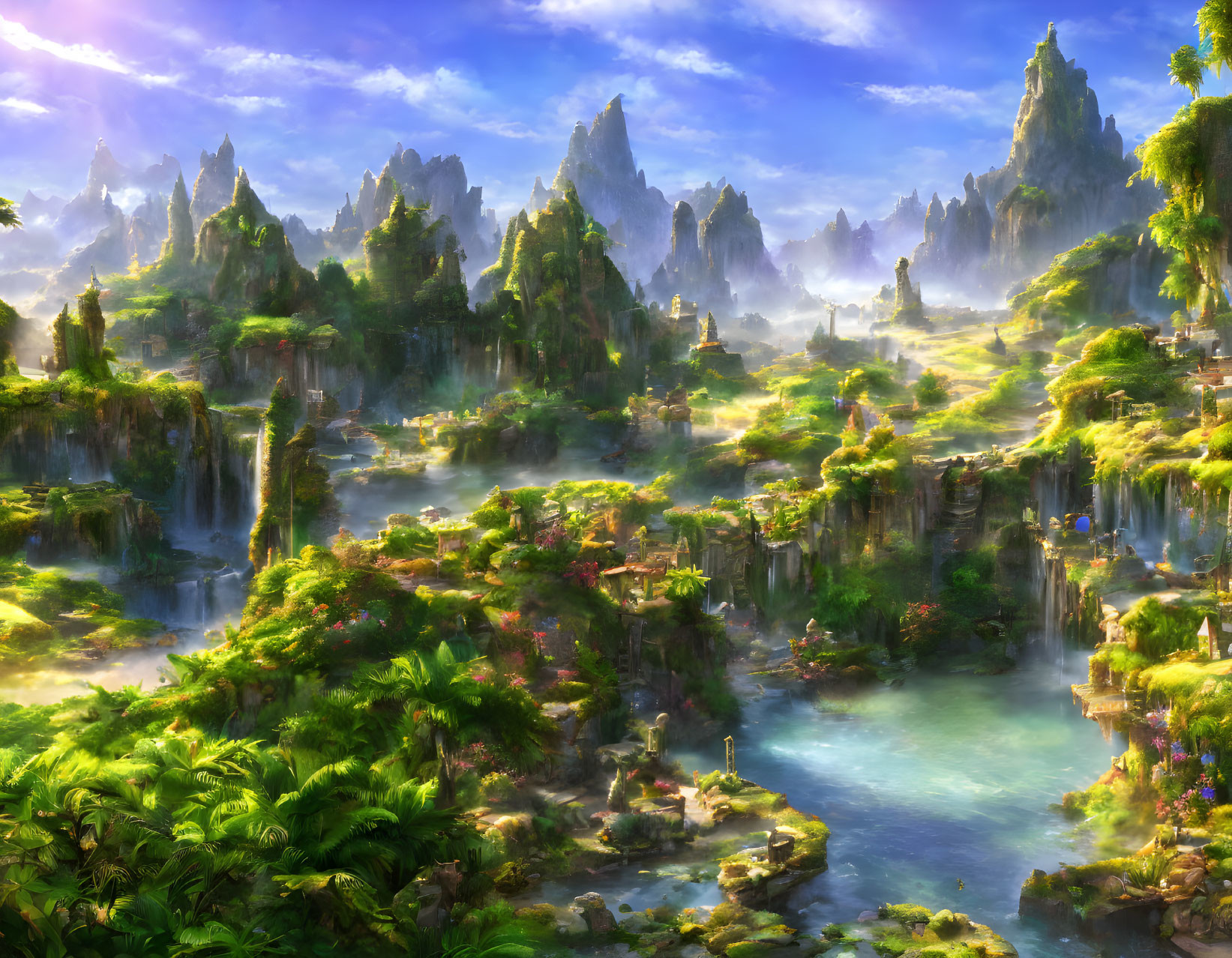 Fantasy landscape with waterfalls, greenery, rocks, and ruins