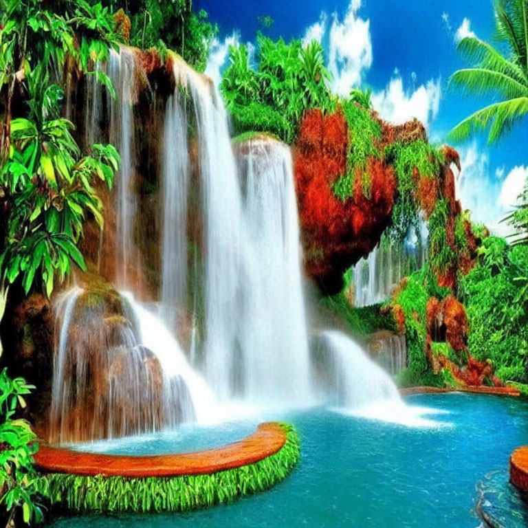Tropical Waterfall Surrounded by Lush Greenery
