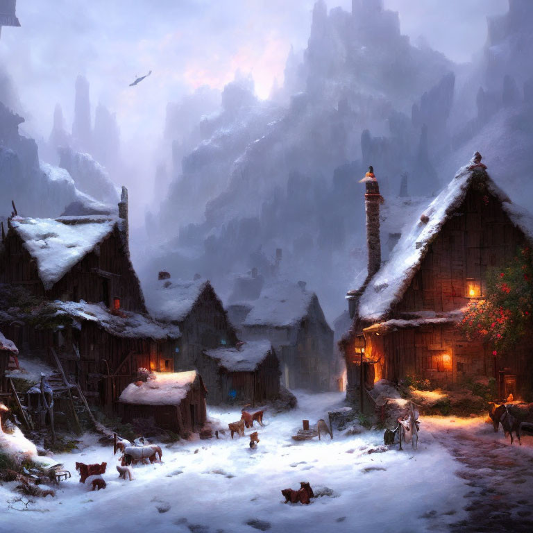 Snowy Village with Thatched Cottages and Mountainous Background at Dusk or Dawn