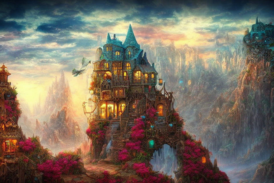 Majestic castle on rocky peak with waterfalls, dragon, and lush scenery