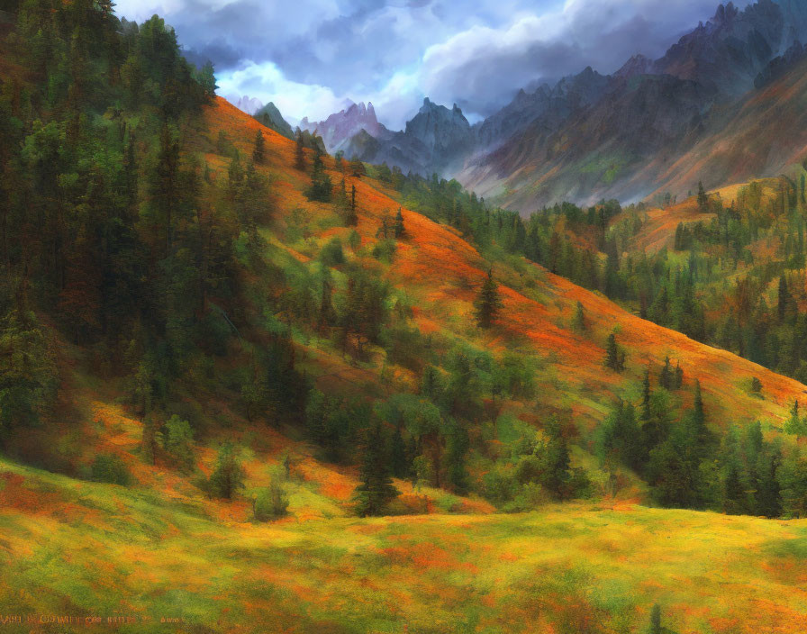 Colorful Autumn Foliage on Rolling Hills with Cloudy Mountain Backdrop