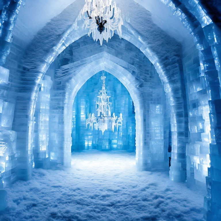 Icy Blue Corridor with Ice Wall Carvings and Crystal Chandelier