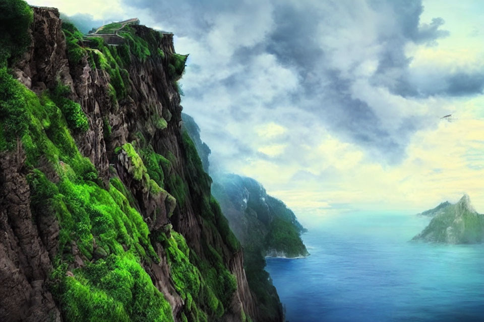 Scenic green cliffs, blue sea, cloudy sky, building, bird in flight