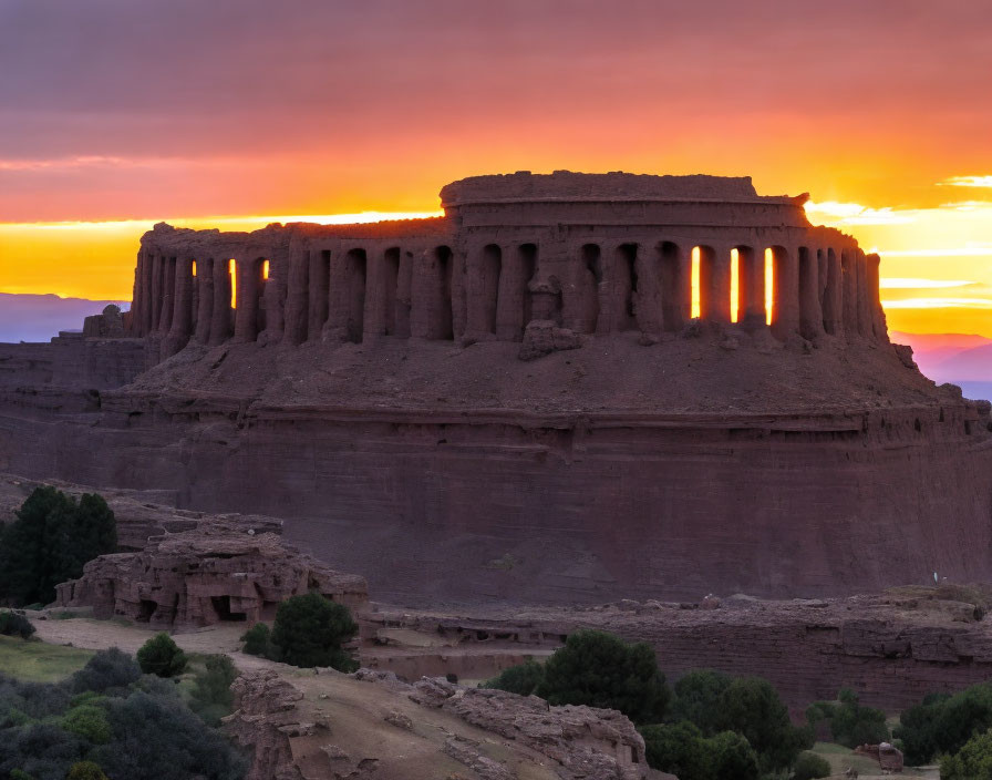 Ancient ruins on plateau against vibrant sunset sky