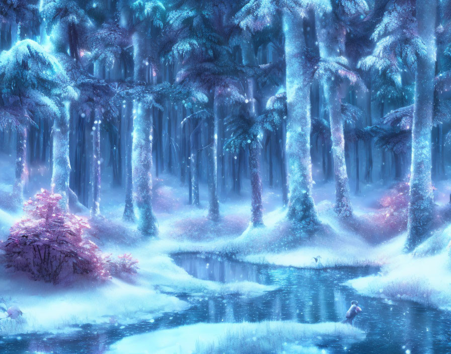 Snow-covered trees in enchanted winter forest with tranquil stream and soft purple-blue glow.