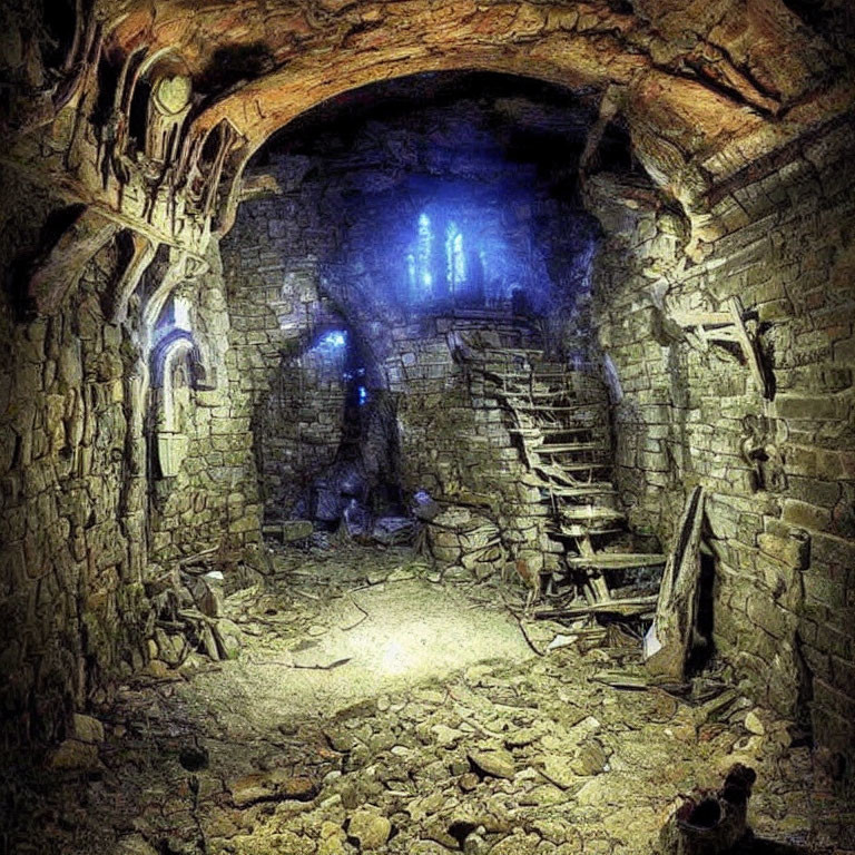 Underground Stone Chamber with Skeleton, Staircase, and Blue Light