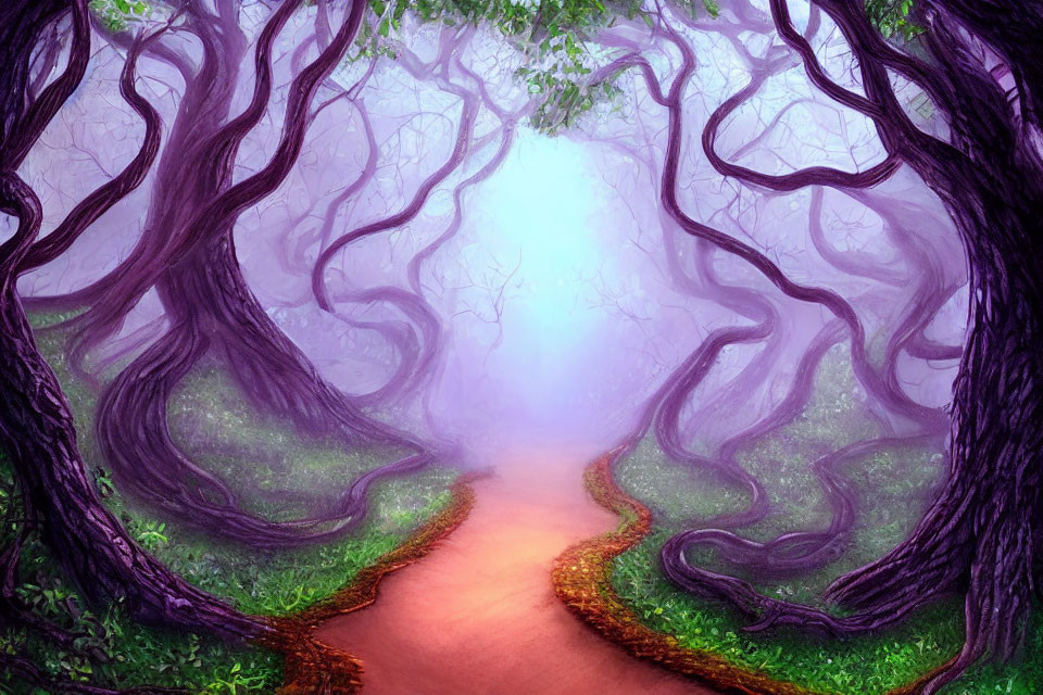 Enchanting forest pathway with purple twisted trees in soft fog