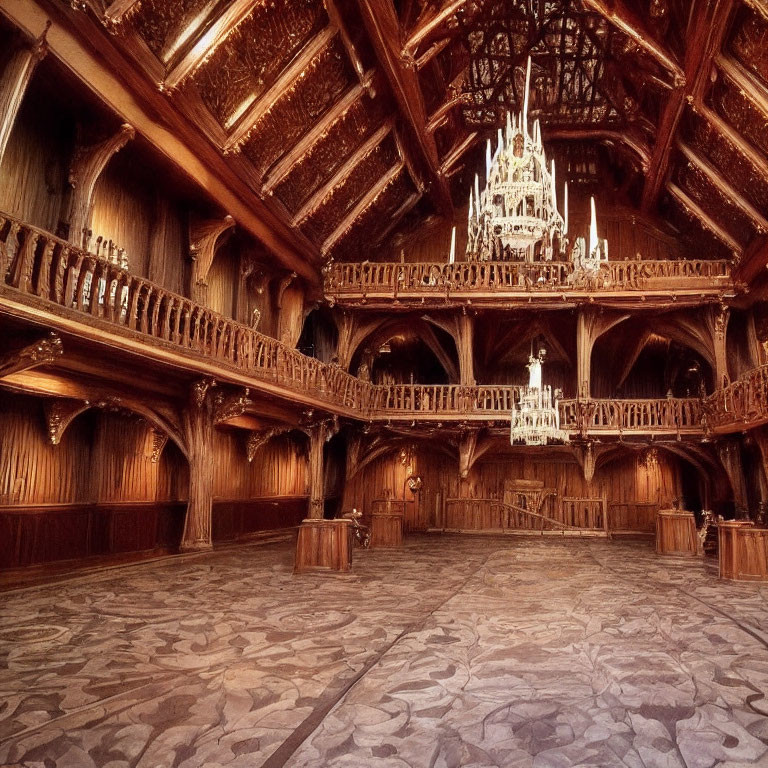 Elaborately carved wooden hall with chandeliers, vaulted ceiling, and ornate balcony.