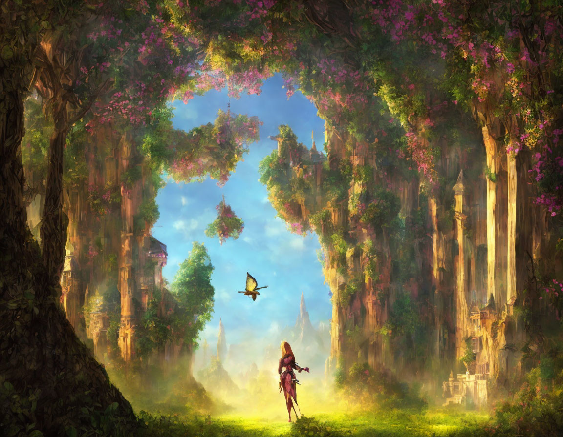 Enchanted forest with towering trees, pink blossoms, figure, and birds in sunlit clearing