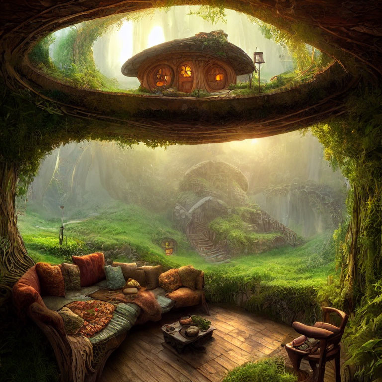 Fantastical indoor scene with lush forest view & hobbit-style house