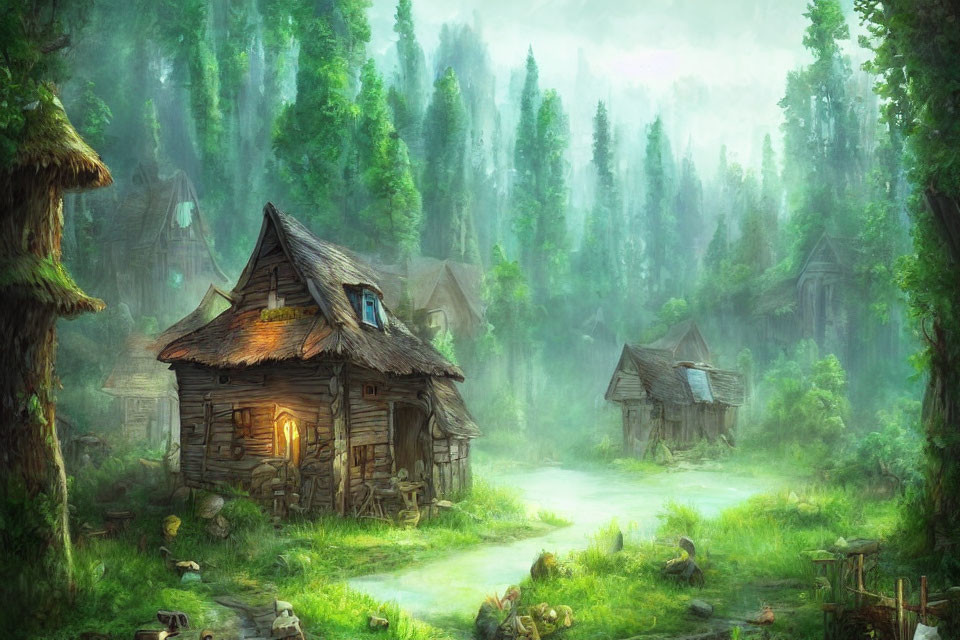 Enchanted forest village with rustic cottages and mystical ambiance