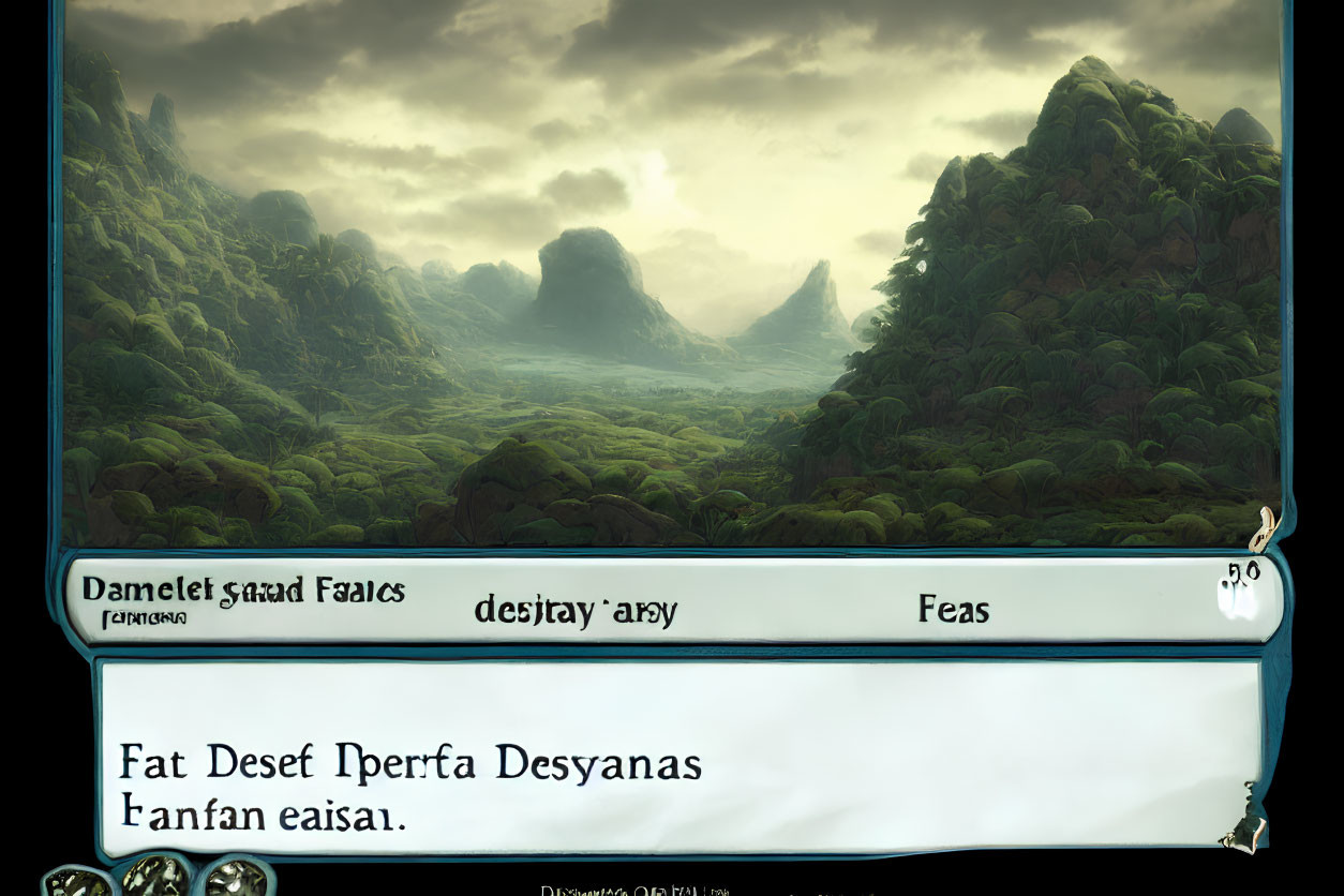 Fantasy landscape with misty mountains and exotic vegetation in fictional language