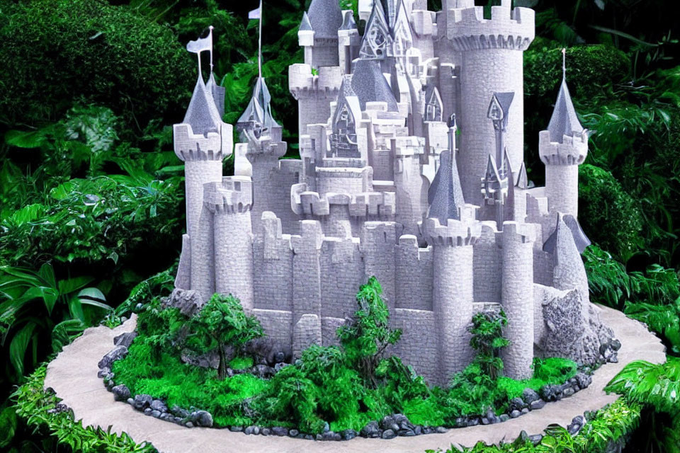 Detailed Fairytale Castle Model in Lush Green Landscape