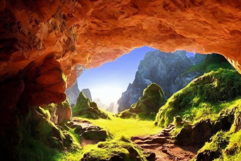 Colorful cave opening overlooking lush green valley under sunny sky