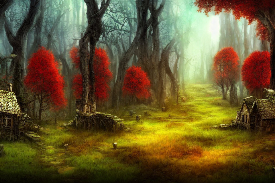 Vibrant red trees in lush fantasy forest with quaint cottages