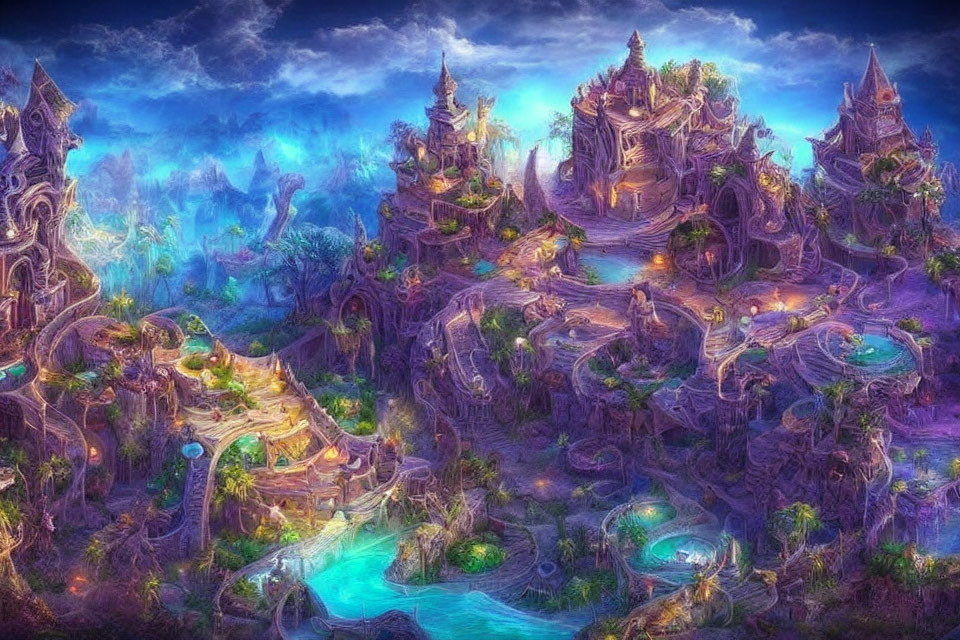Vibrant fantasy landscape: intricate castles, meandering rivers, bioluminescent flora under