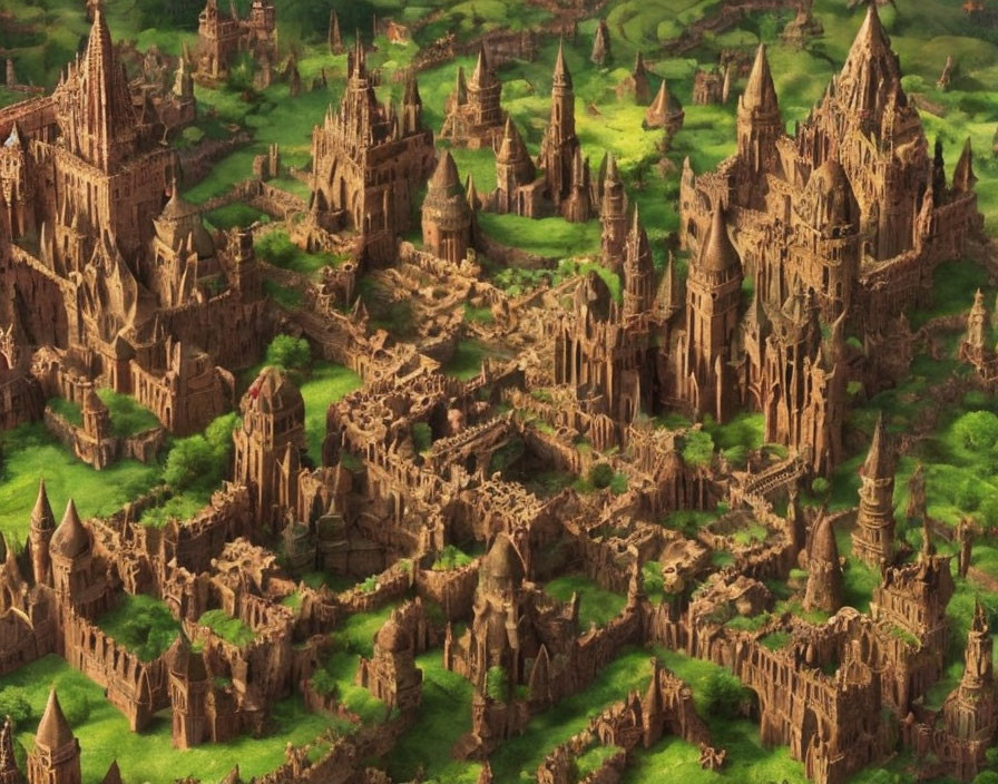 Detailed Illustration of Sprawling Fantasy City with Gothic Architecture