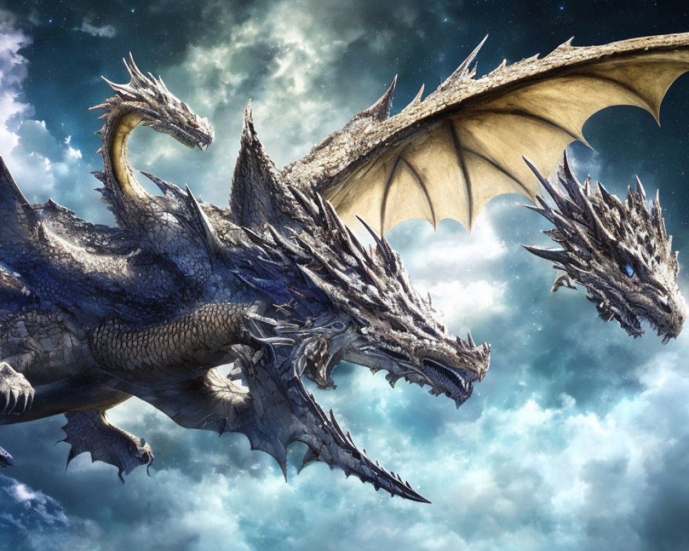 Majestic multi-headed dragon soaring in cloudy sky