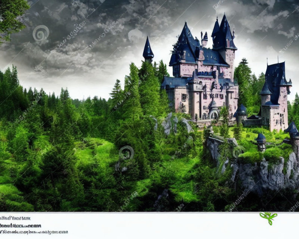 Majestic castle with spires on rocky cliff in forested landscape