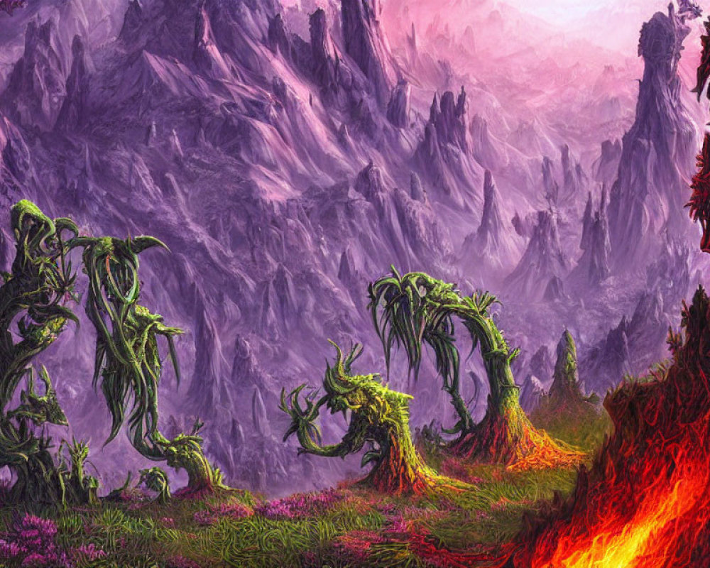 Colorful fantasy landscape with green tree-like figures, purple mountains, and fiery river