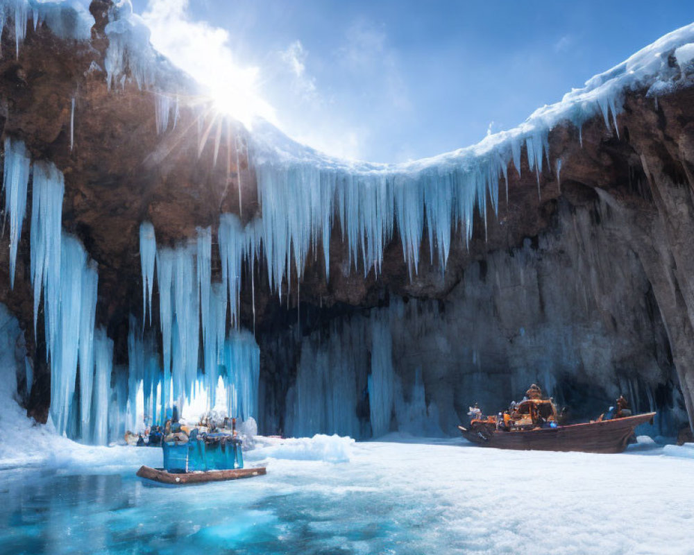 Passengers on boat in stunning icy cave with large icicles