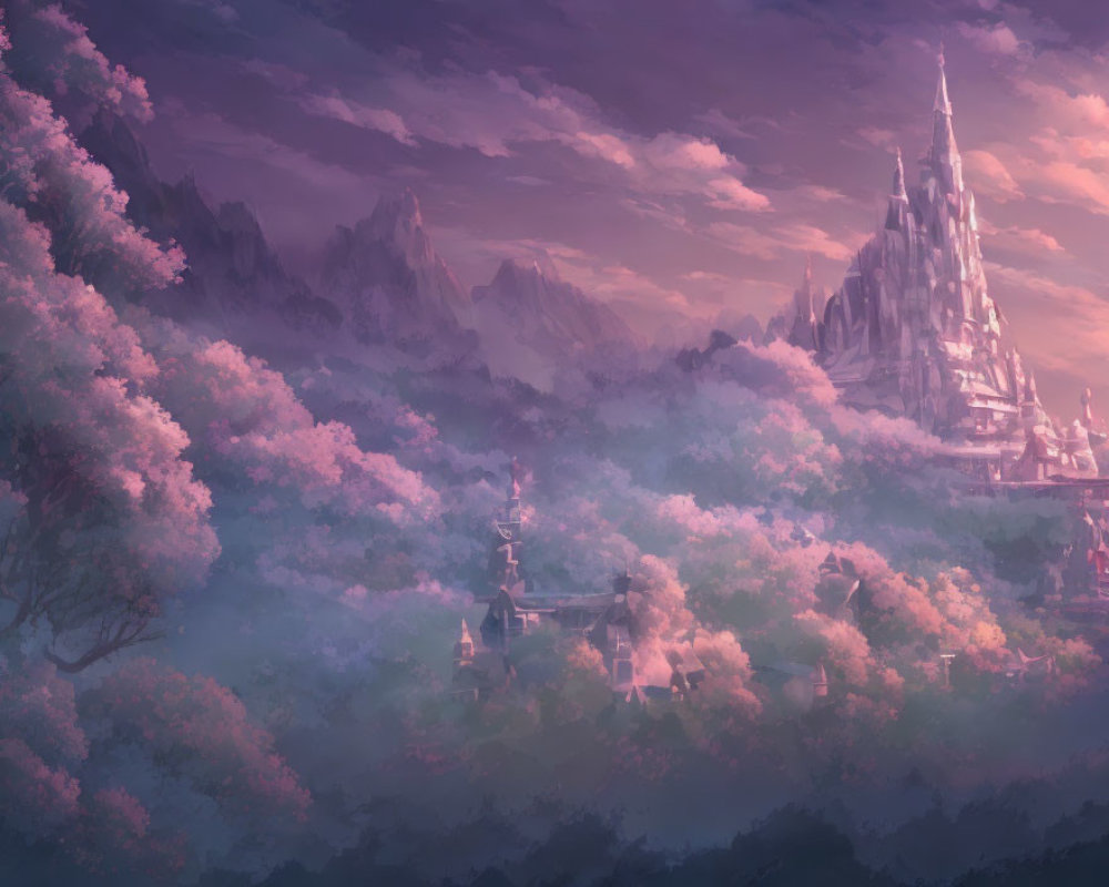 Fantasy landscape with glowing castle, blossoming trees, and rugged mountains at dusk.