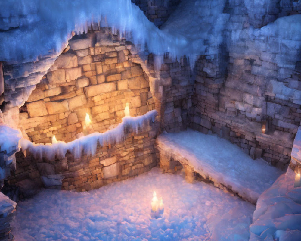 Glowing fires illuminate icy cavern with blue-tinted snow