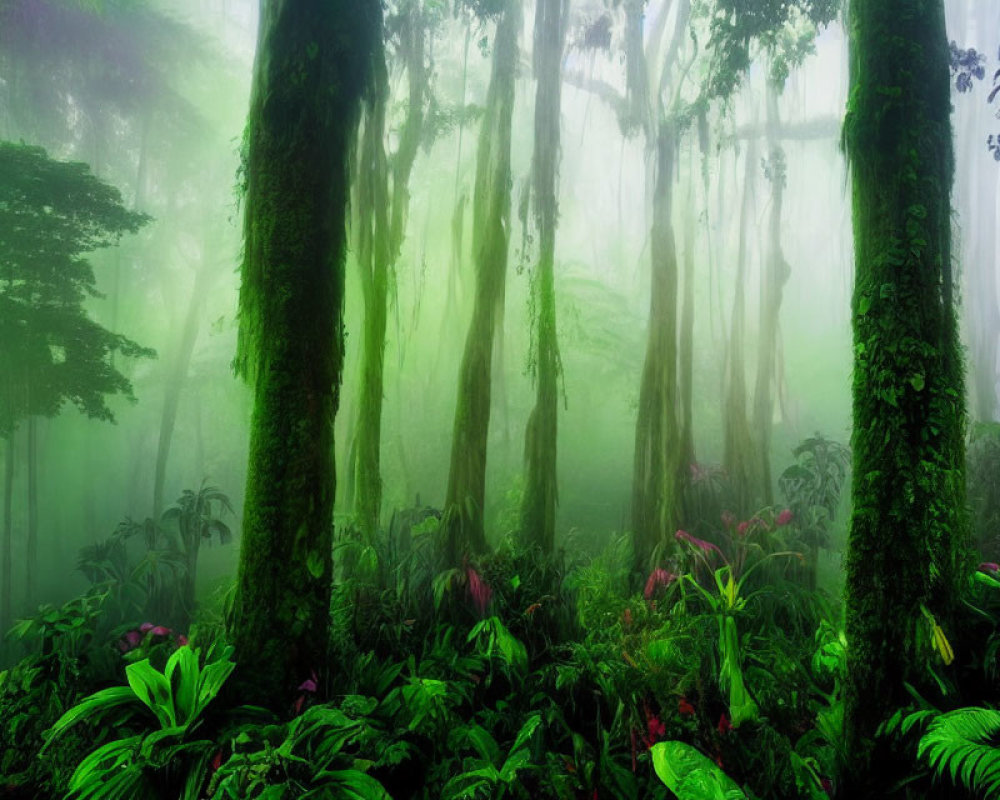 Mystical fog envelops lush green forest with vibrant undergrowth