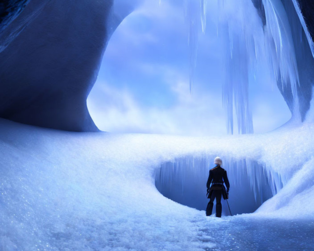 Person at Entrance of Blue Ice Cave with Icicles and Light Ahead