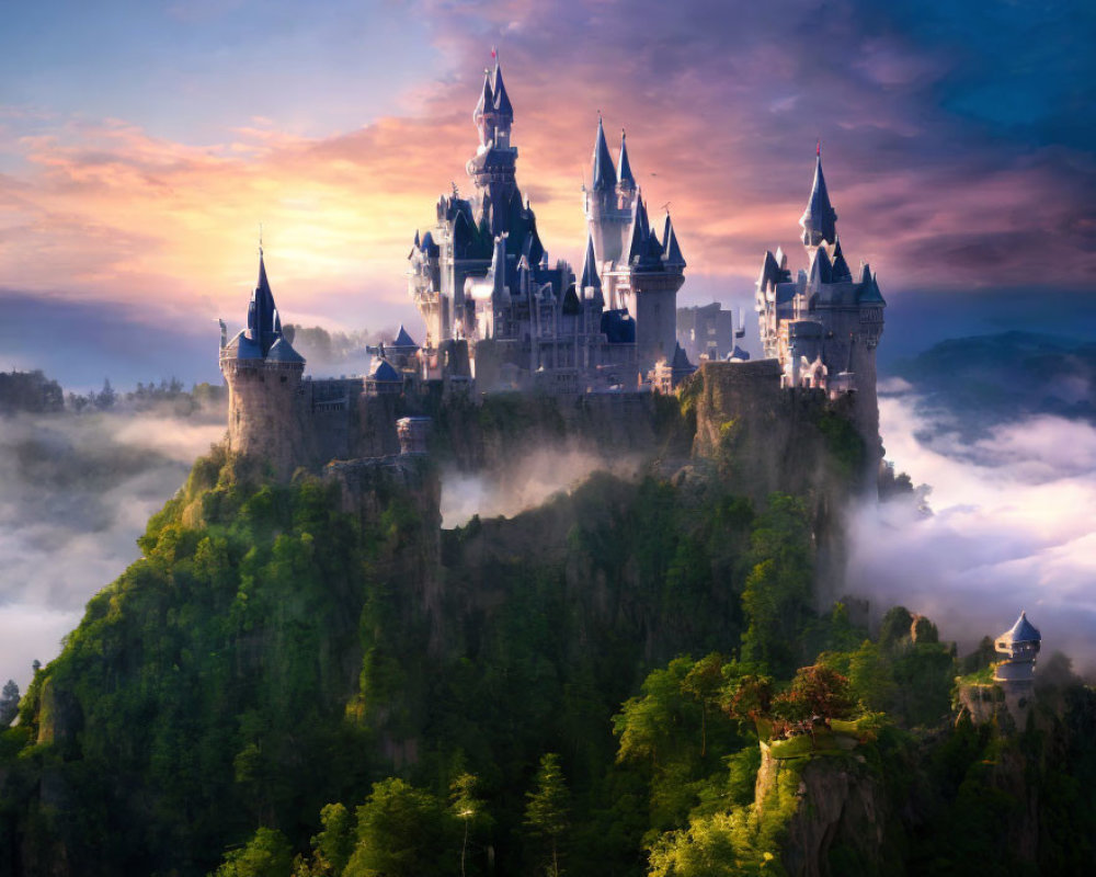 Fantasy castle on misty cliff at sunset surrounded by greenery