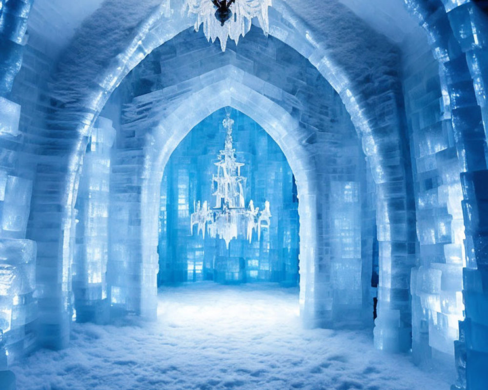 Icy Blue Corridor with Ice Wall Carvings and Crystal Chandelier