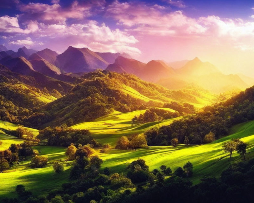 Colorful sky over rolling green hills and majestic mountains