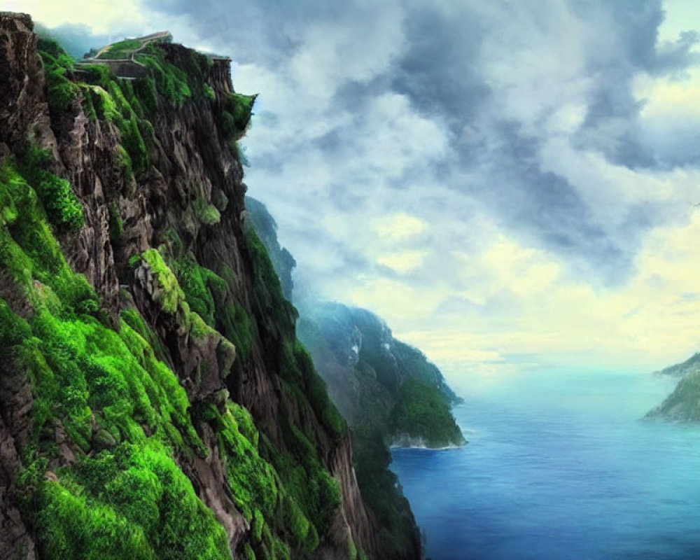 Scenic green cliffs, blue sea, cloudy sky, building, bird in flight