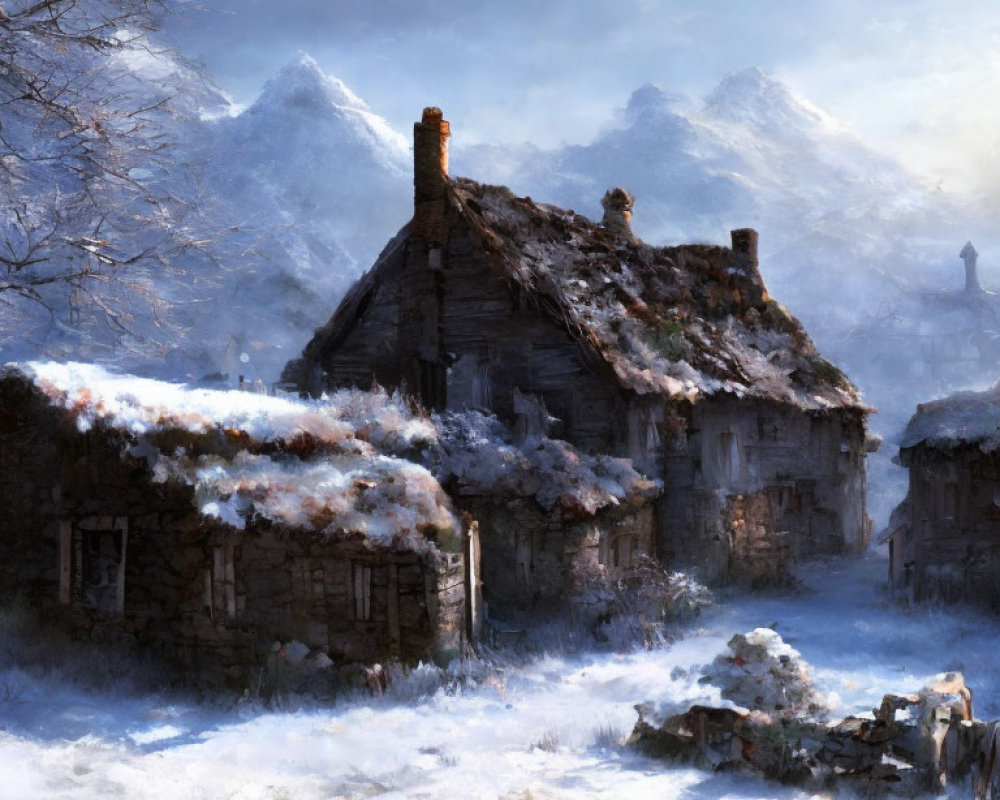 Snowy Scene: Dilapidated Cottage, Bare Trees, Misty Mountains