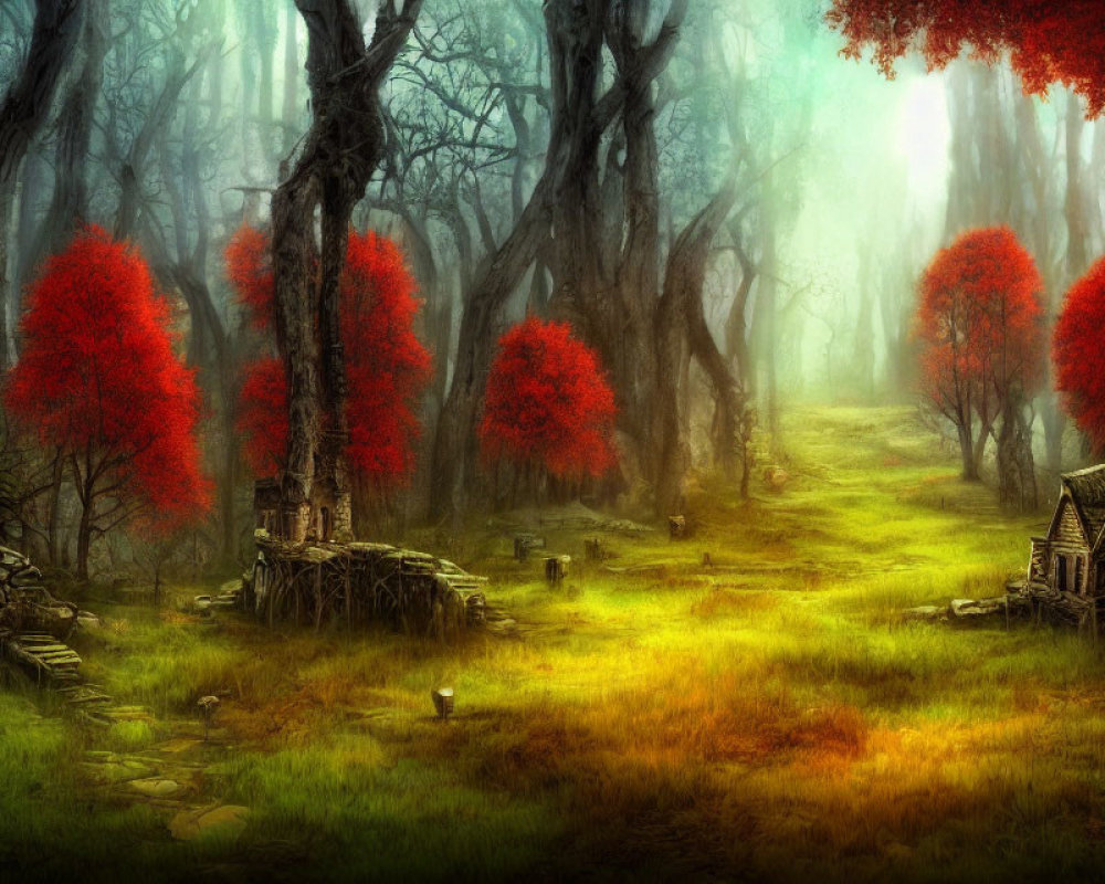 Vibrant red trees in lush fantasy forest with quaint cottages