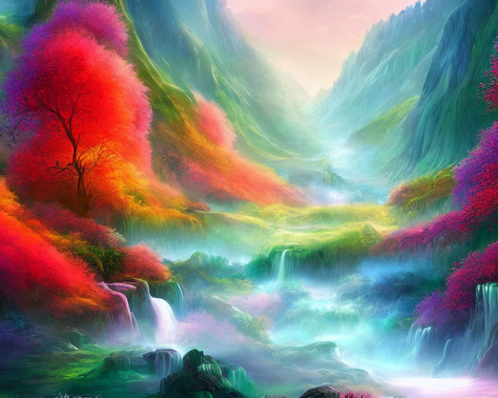 Colorful fantasy landscape with neon trees, waterfalls, mist, river, and mountains.