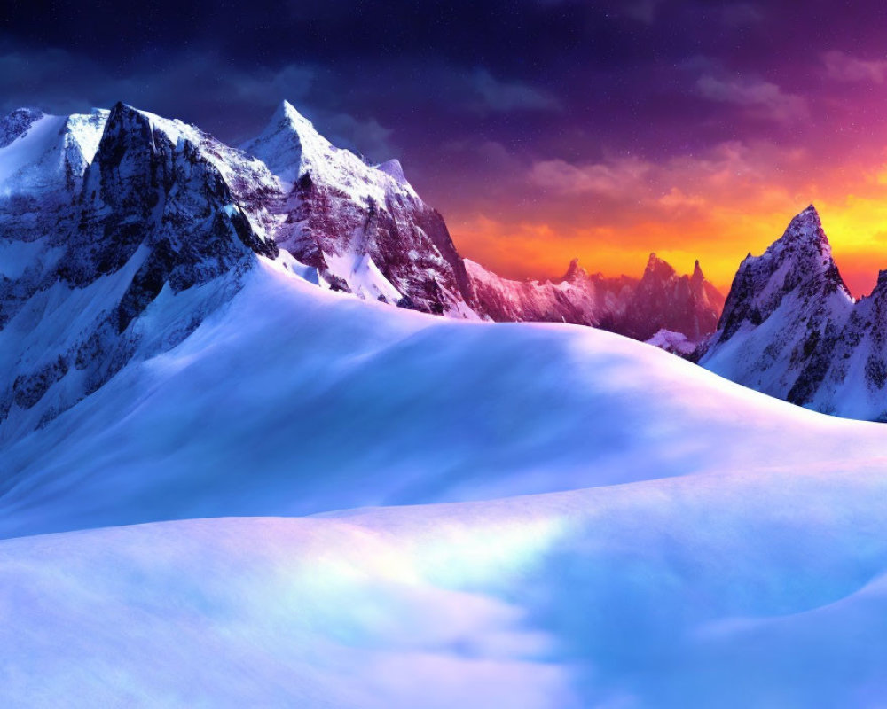 Snow-covered mountain peaks under pink and orange sunset sky.