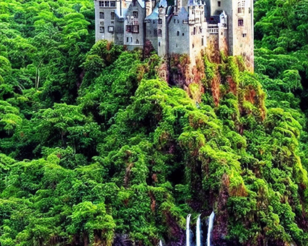 Castle with multiple spires on lush green hill with waterfall and lake