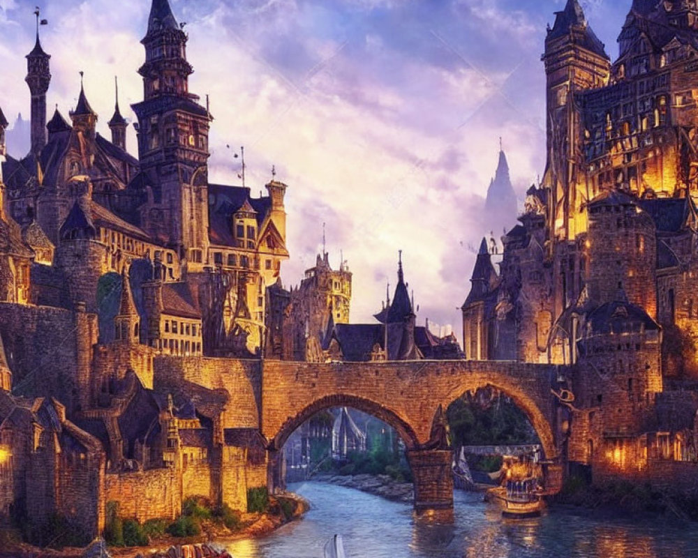 Medieval city with Gothic architecture, stone bridge, boats, and dramatic dusk sky