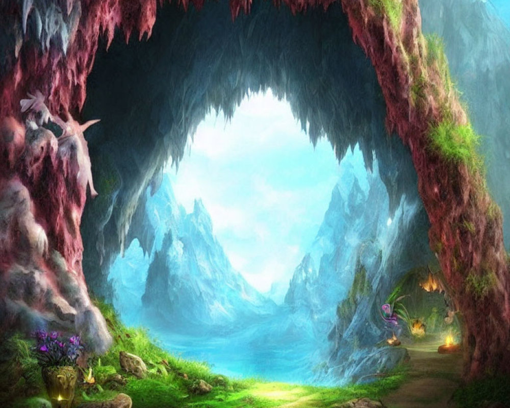 Mystical cave opening surrounded by greenery and icy mountains view