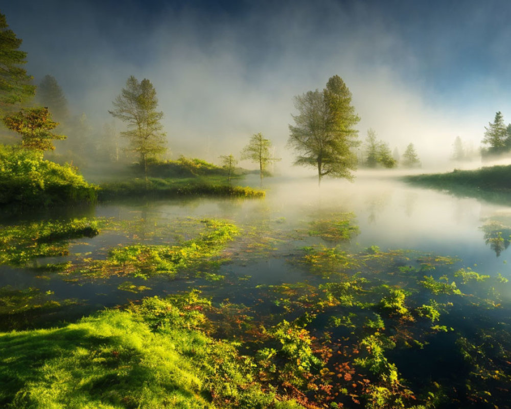 Tranquil misty lake sunrise with sunlight, greenery, and reflections