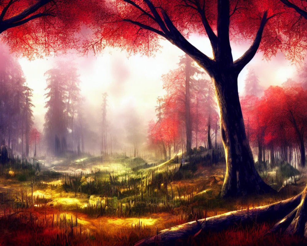 Vibrant red-leaved trees in misty forest scene