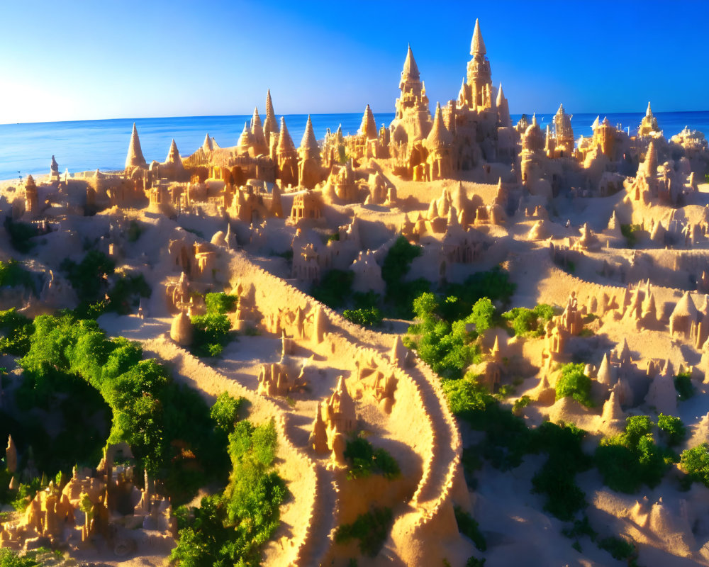 Sandcastle City with Towers and Pathways at Sunset Overlooking Ocean