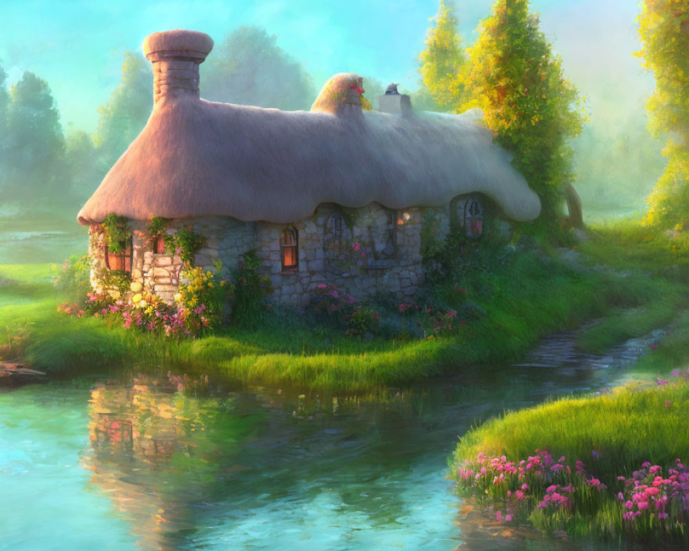 Stone Cottage with Thatched Roof Surrounded by Greenery and Pink Flowers Beside Tranquil Stream