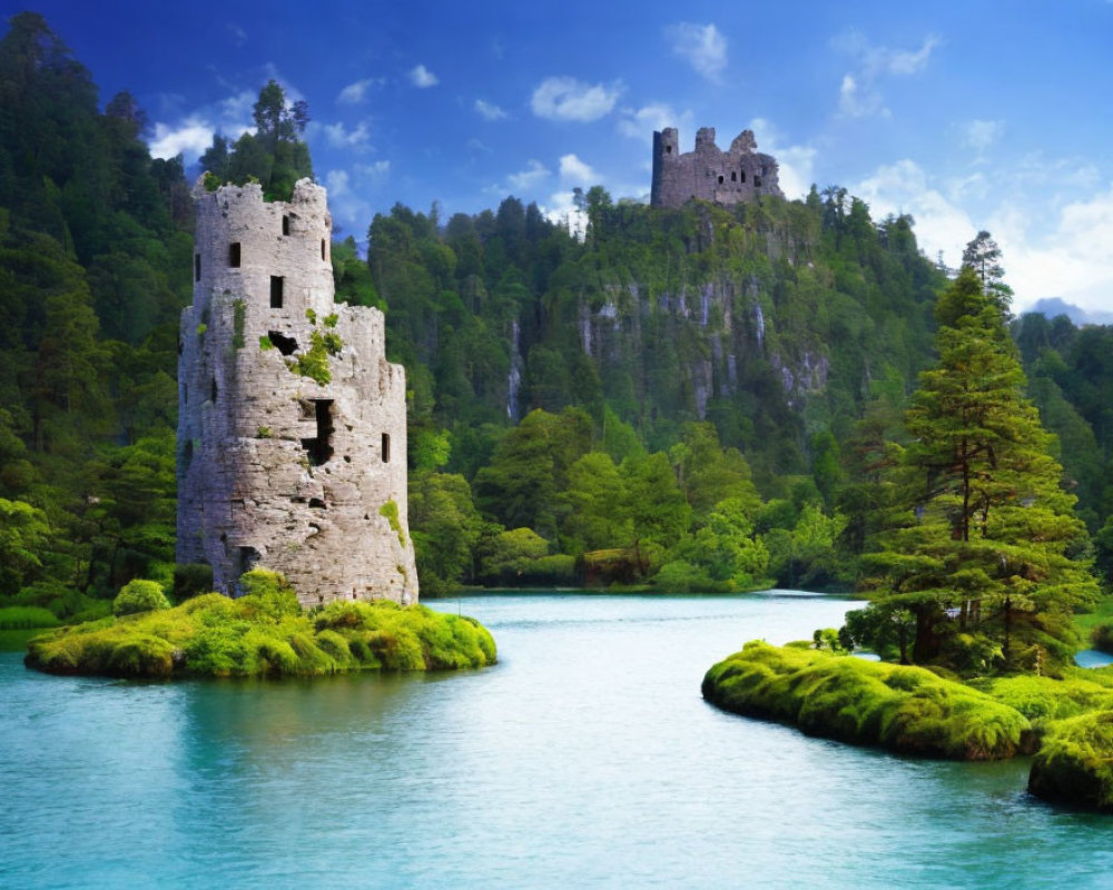 Ancient castle ruins in lush forest by turquoise lake under blue sky
