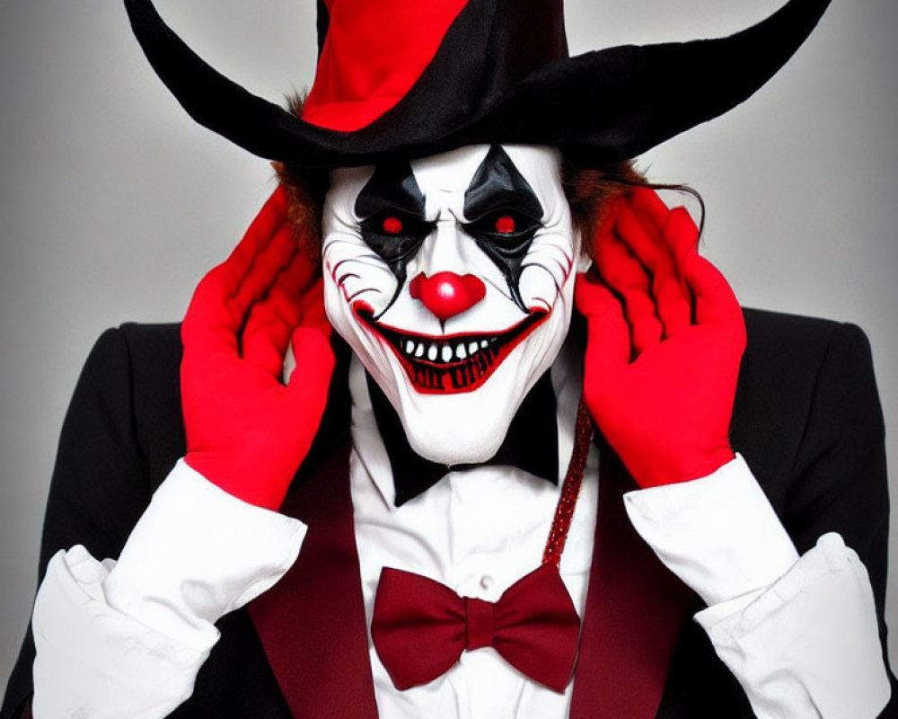 Creepy clown costume with white face and top hat pose