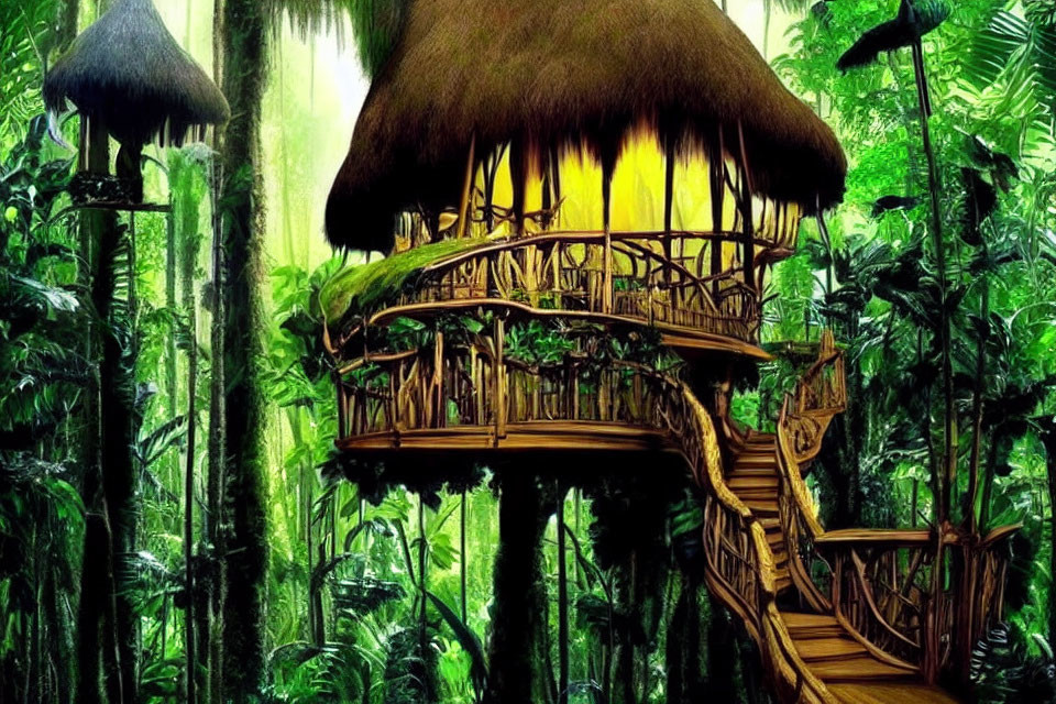 Thatched Treehouse with Lit Interior in Lush Jungle